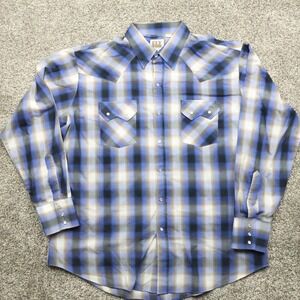 Ely Cattleman Western Shirt Men's XL Blue Brown Plaid Snap Front Long Sleeve‎